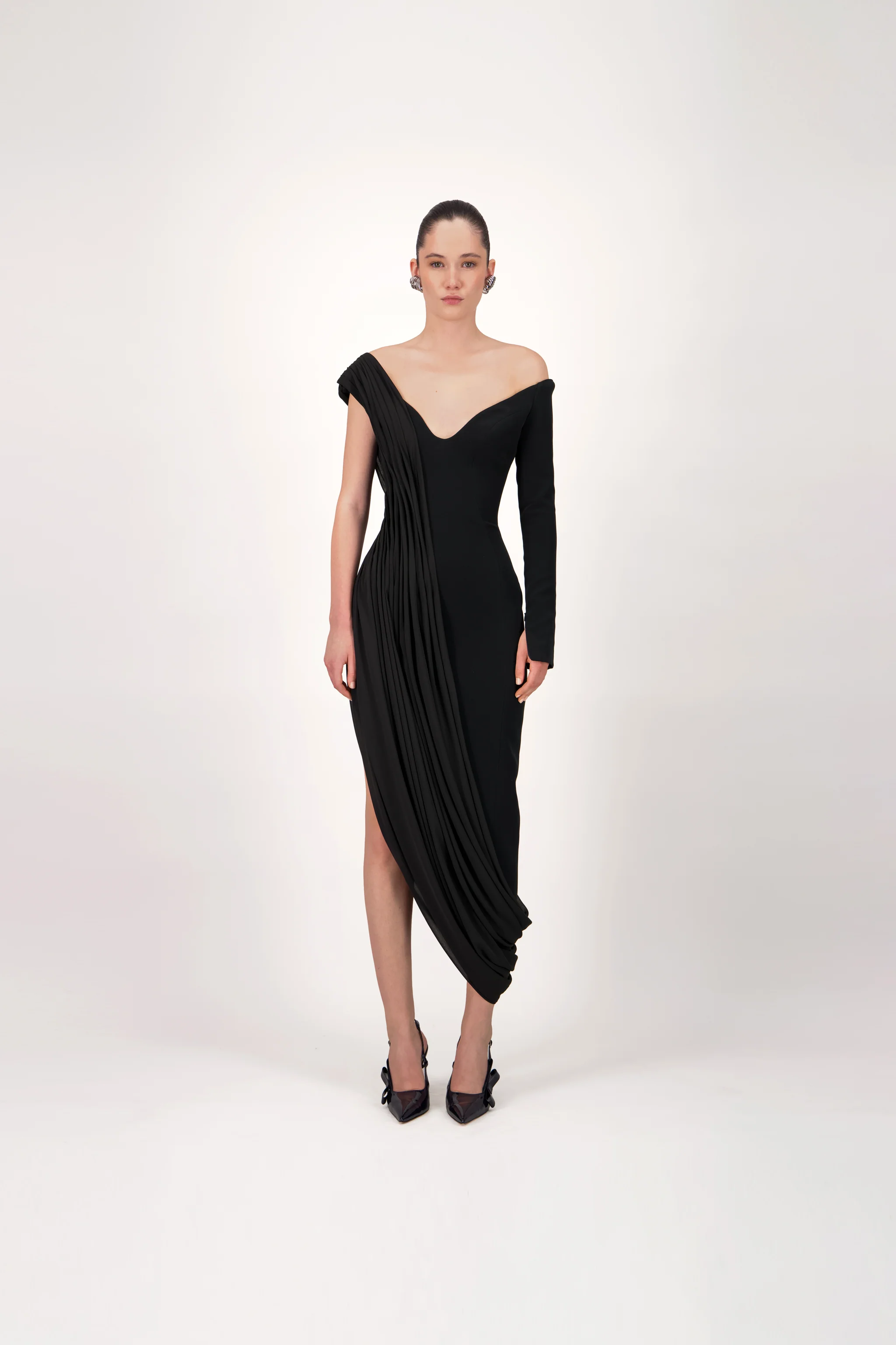 Asymmetric Off-Shoulder Midi Dress