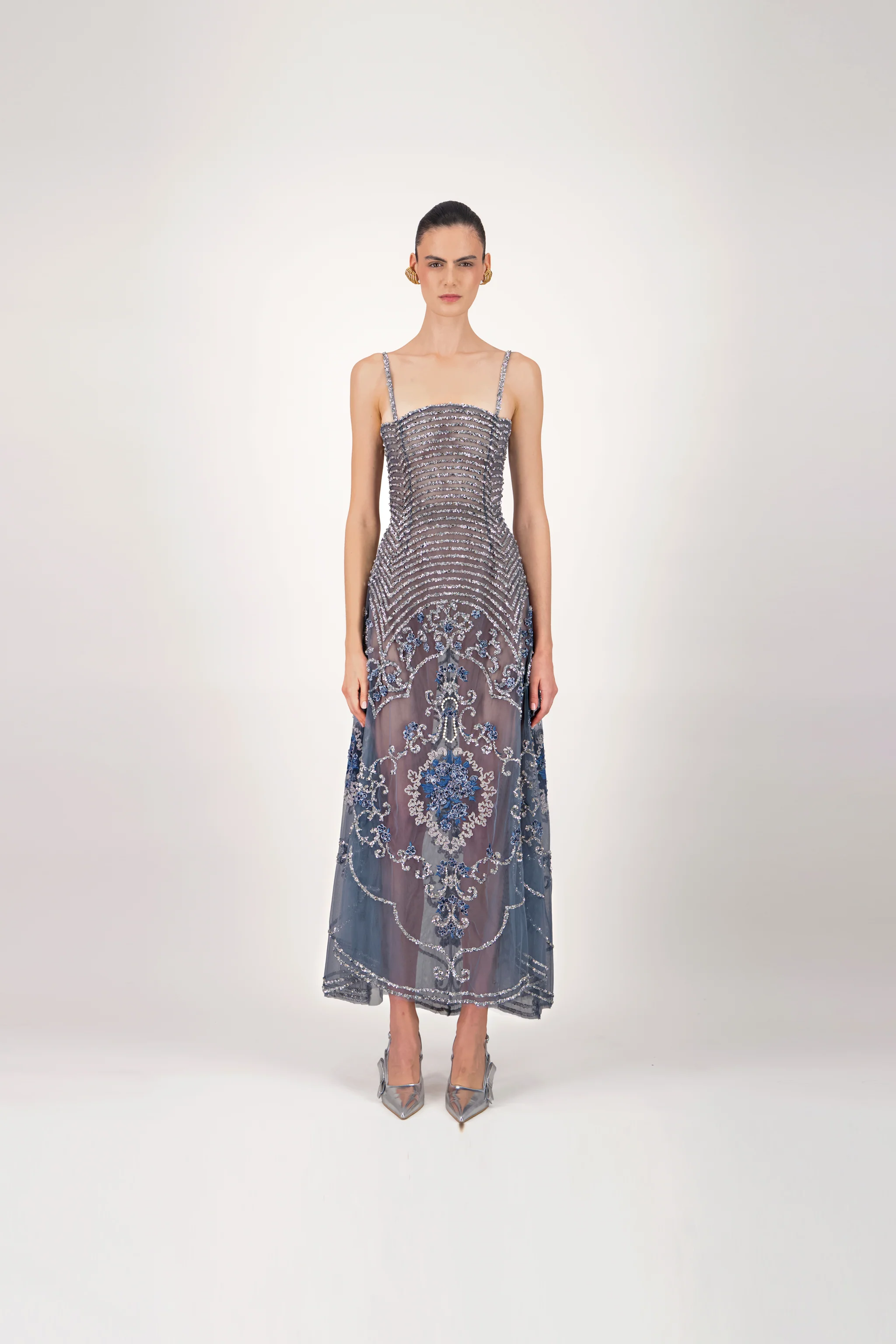 Beaded Floral Tulle Midi Dress