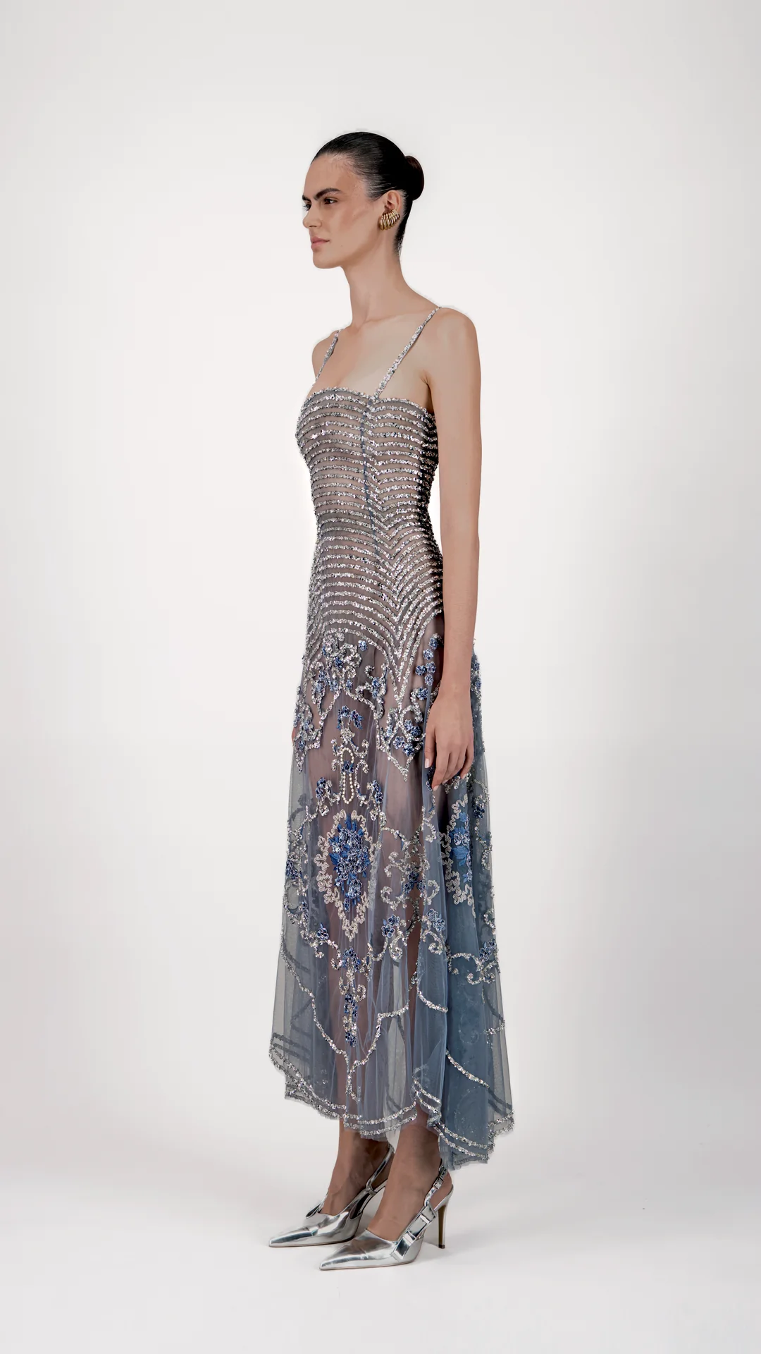 Beaded Floral Tulle Midi Dress - Image 3