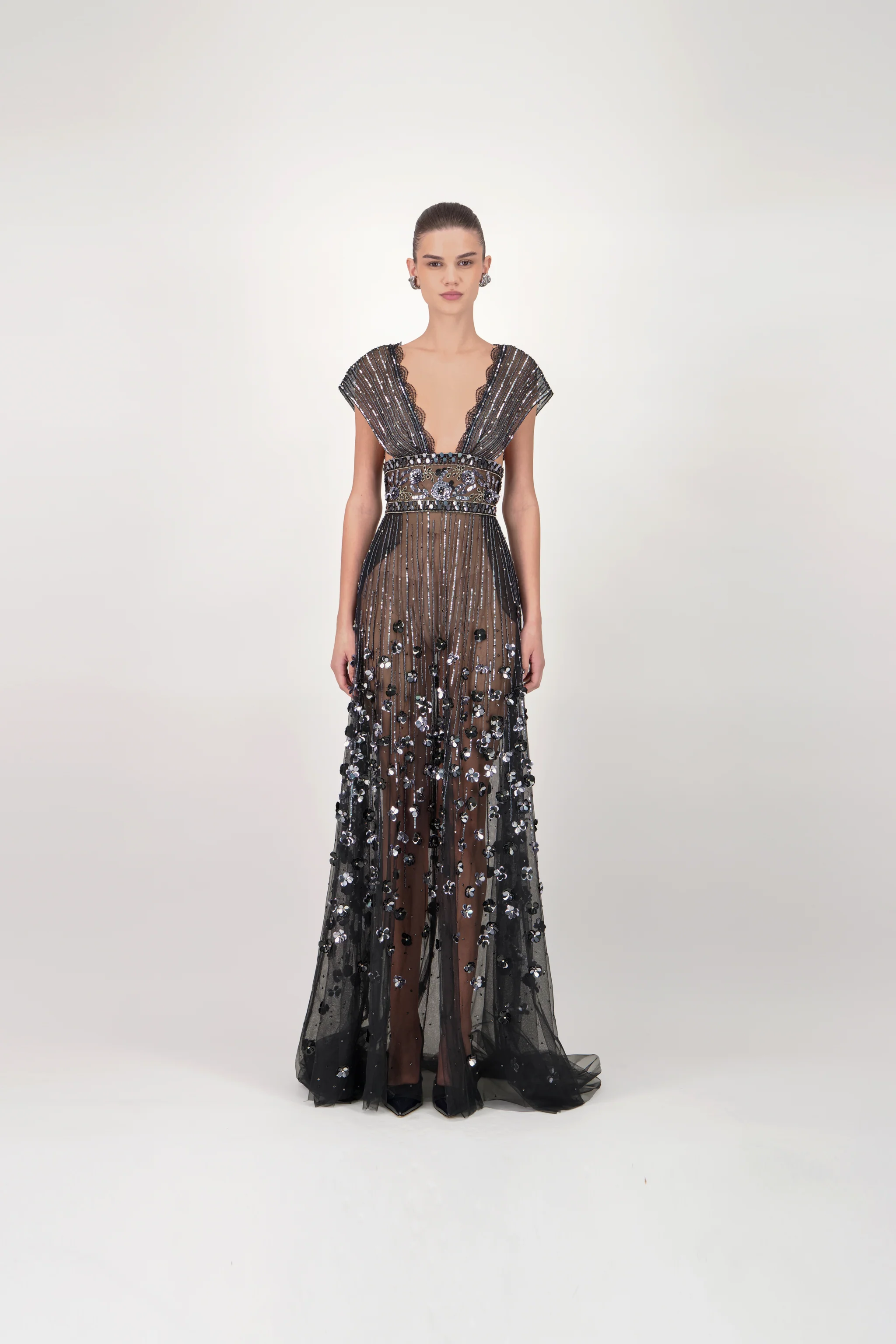 Embellished Deep V Long Dress