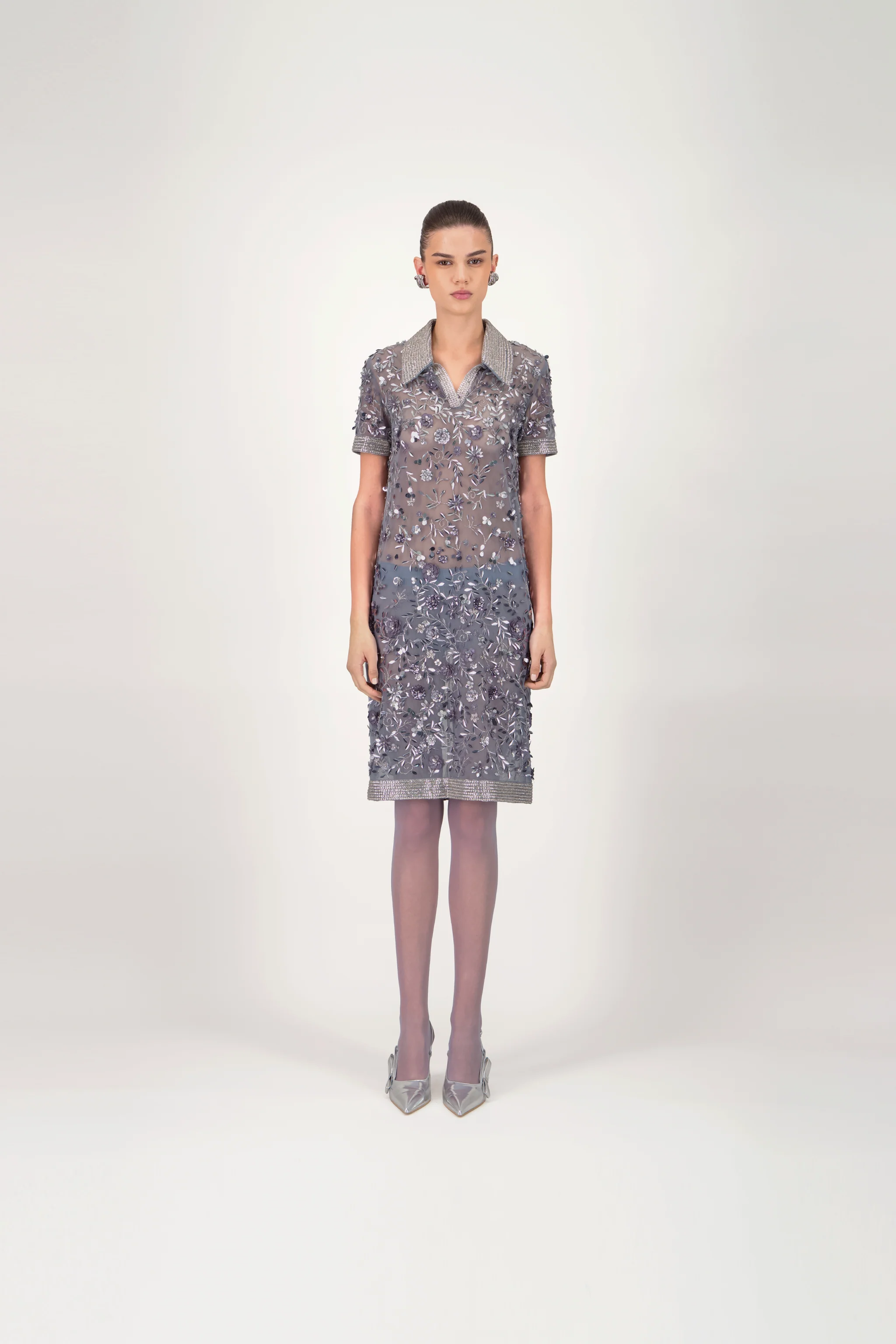 Embellished Shirt Collar Short Dress