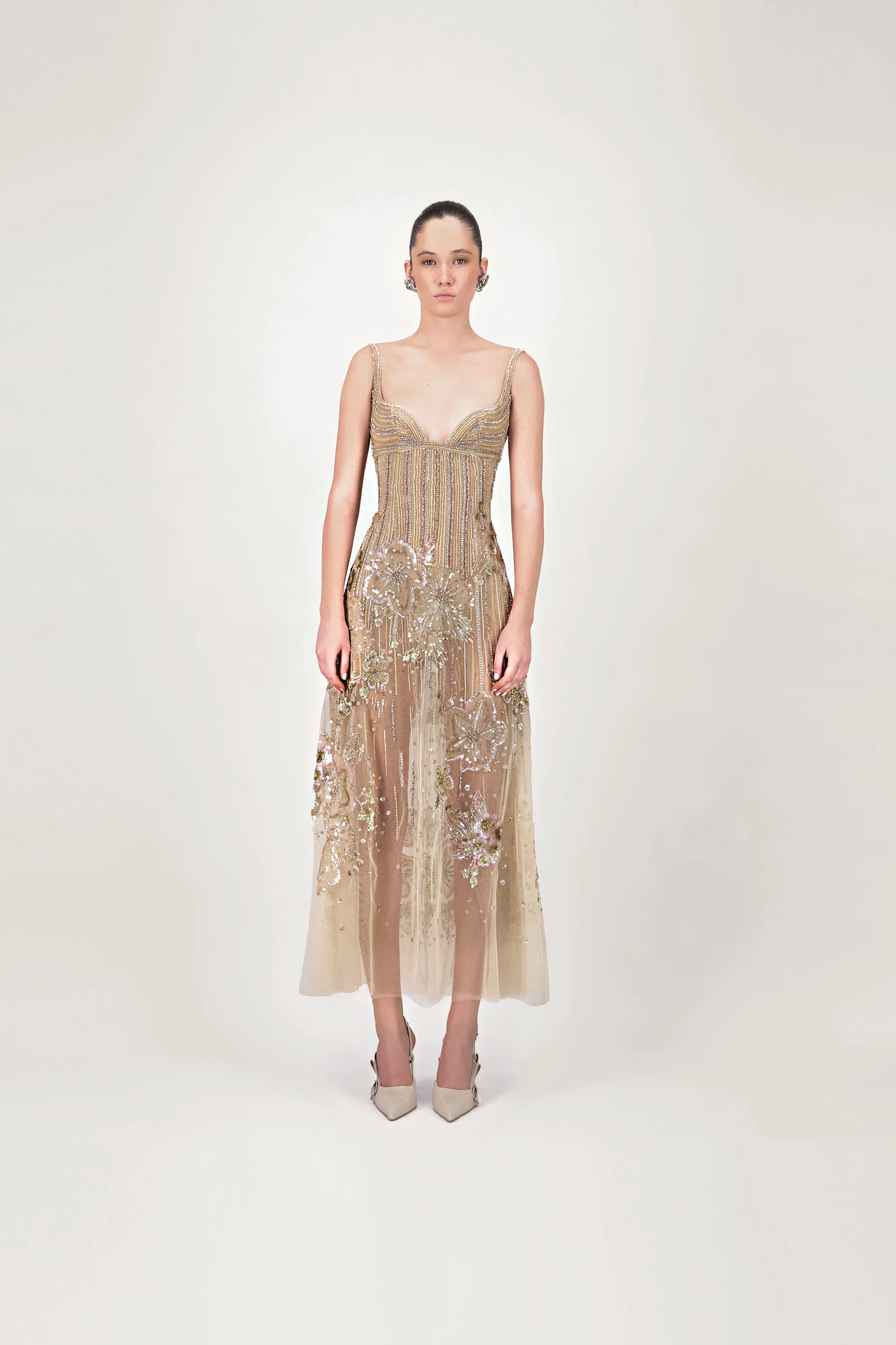 Embroidered Beaded Midi Dress