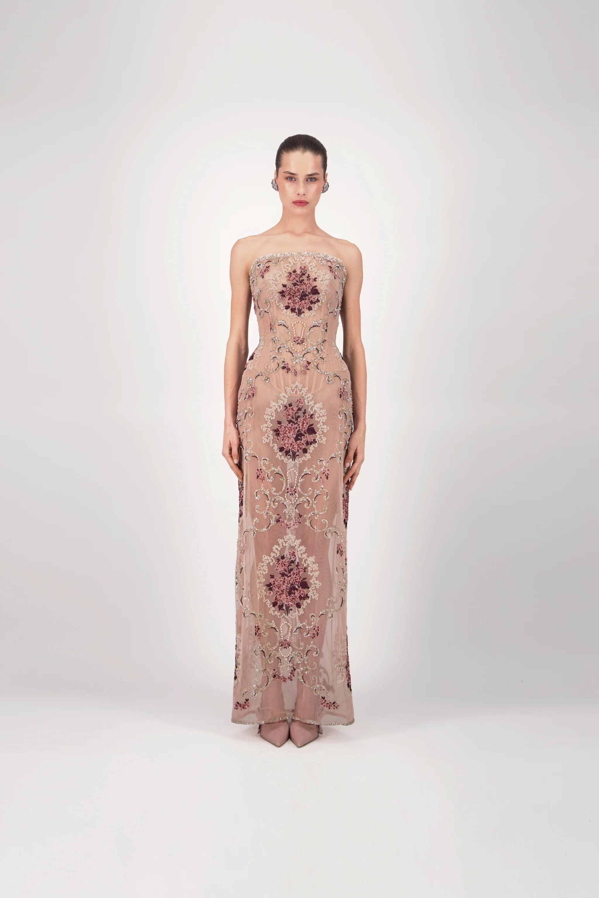 Floral Embroidered Strapless Long Dress