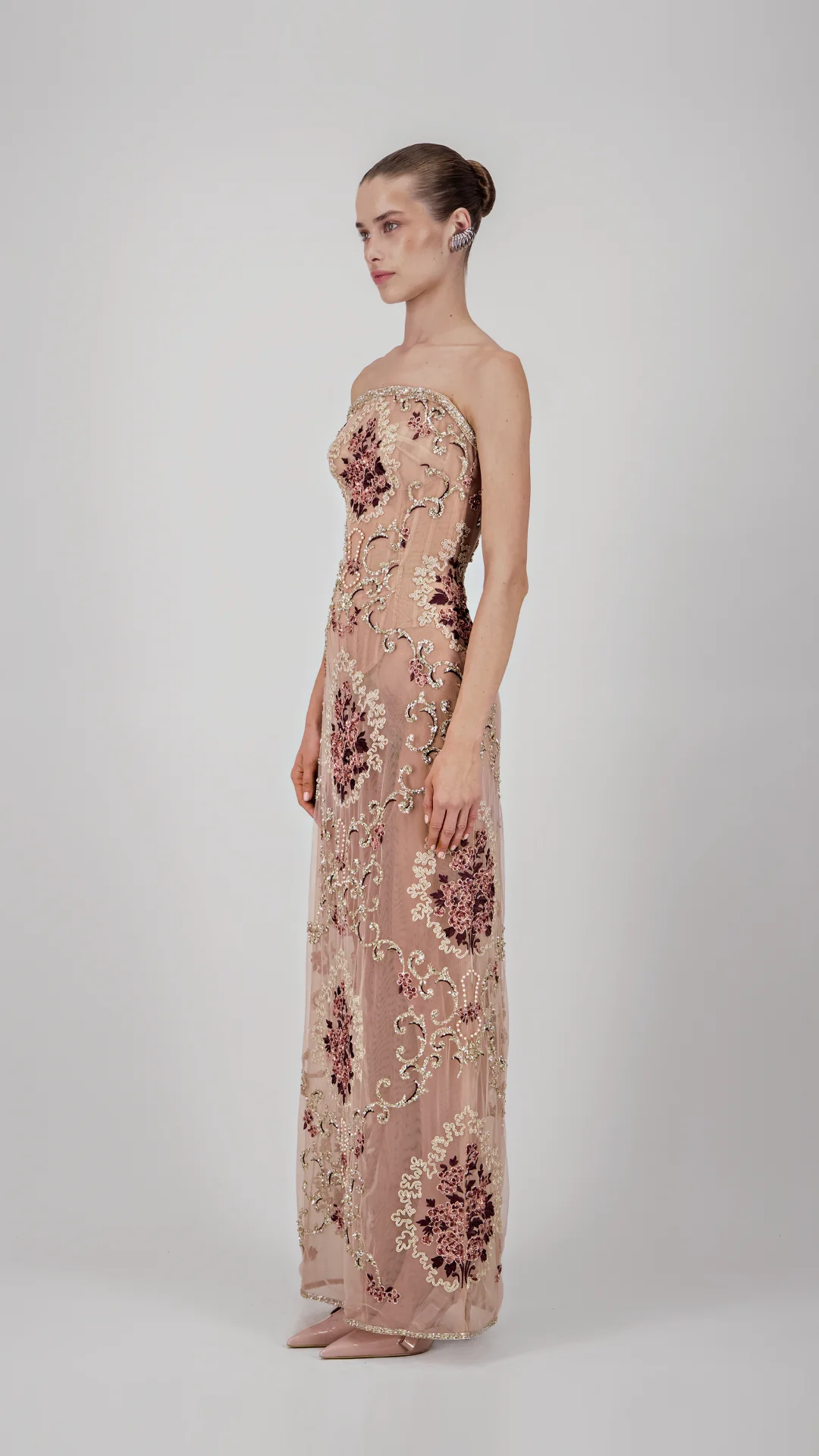 Floral Embroidered Strapless Long Dress - Image 3