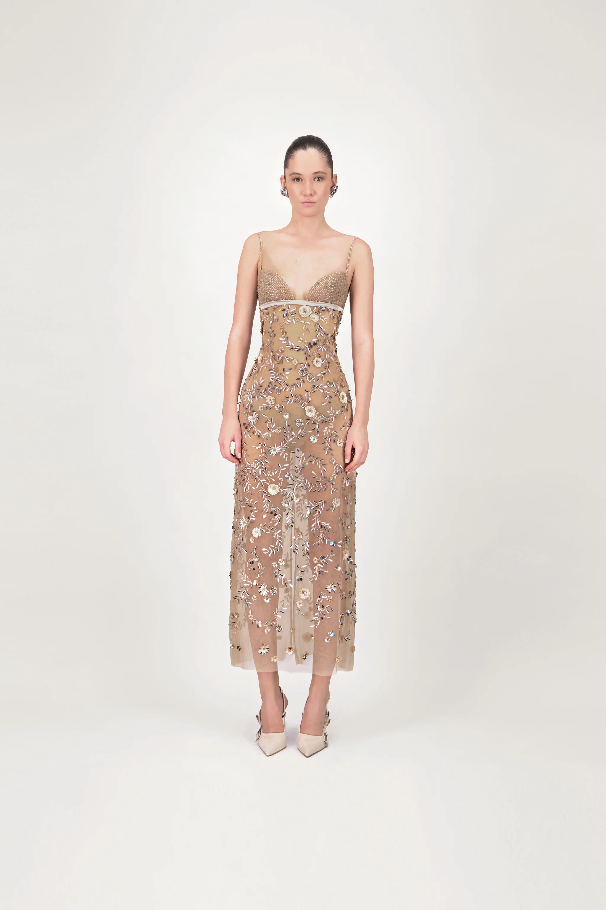 Floral Embroidered Tulle Midi Dress