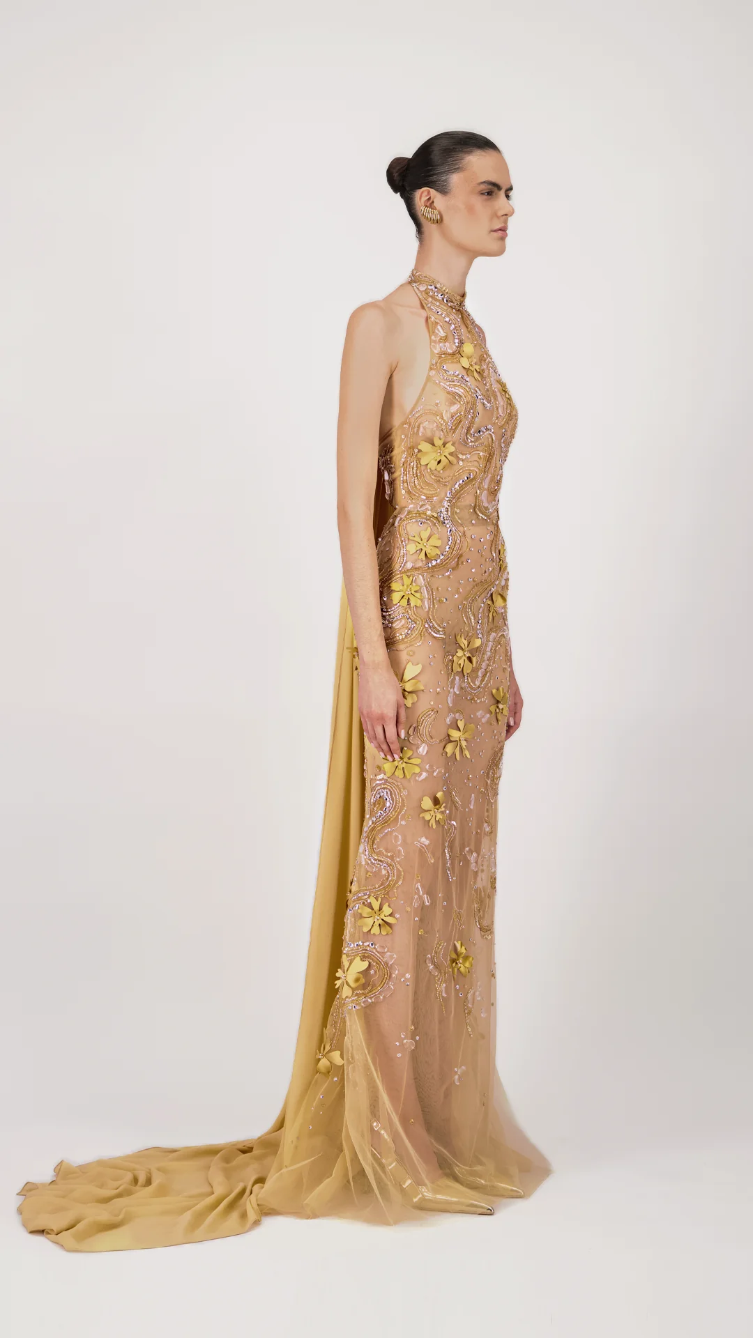 Halter Embroidered Tulle Long Dress - Image 3