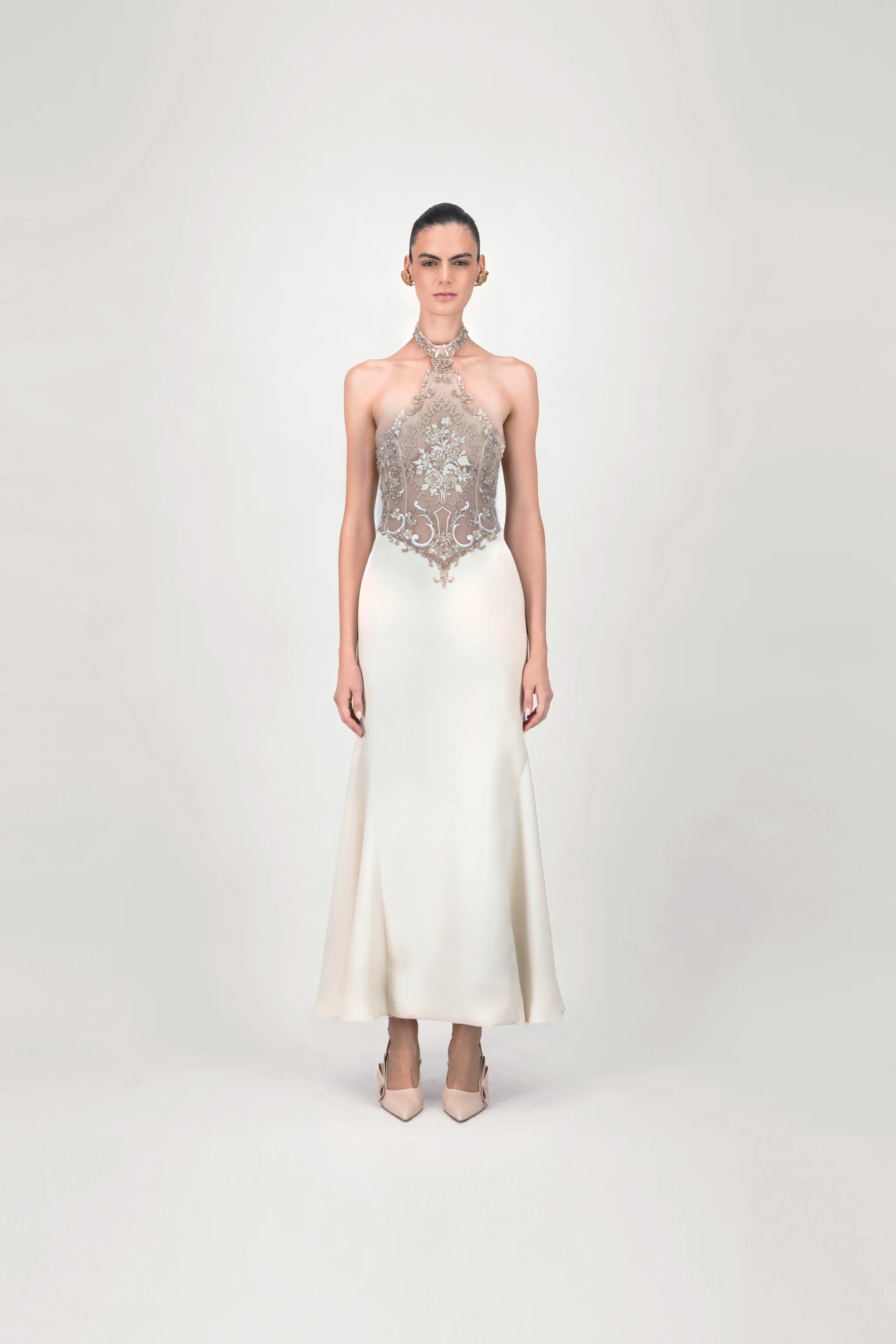 Halter Neck Embroidered Crepe Midi Dress
