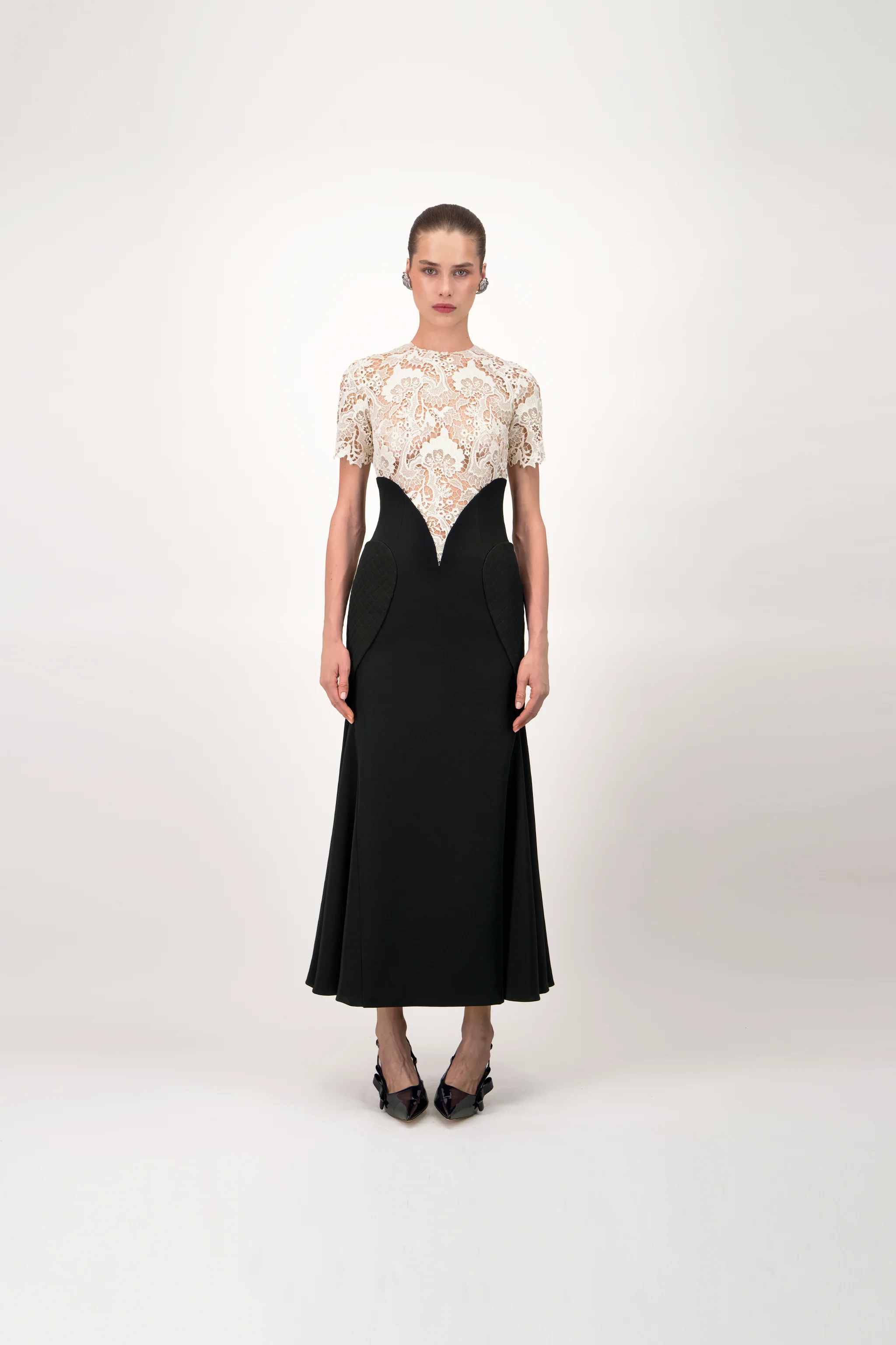 Lace Bodice Crepe Midi Dress
