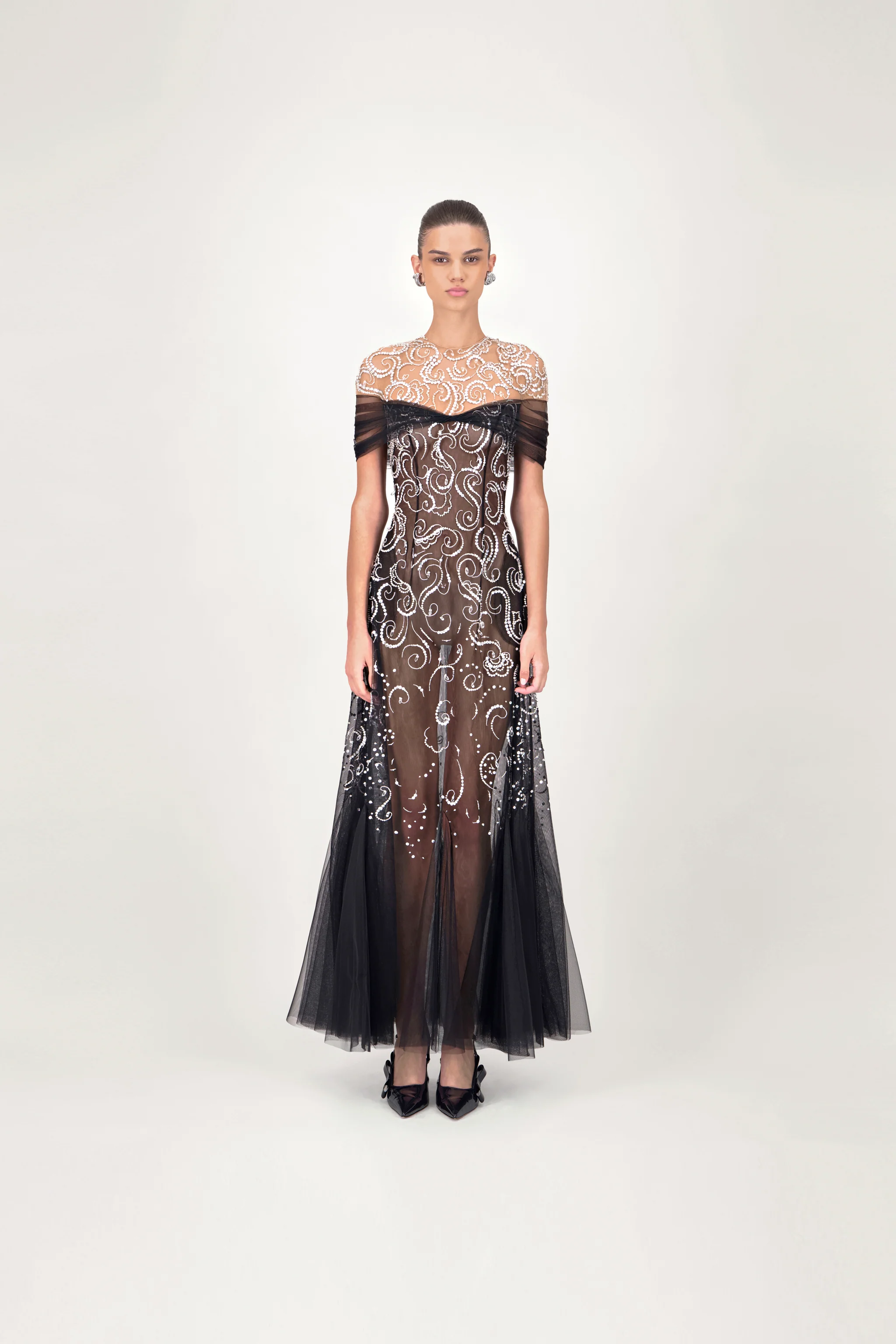 Off-Shoulder Beaded Tulle Midi Dress