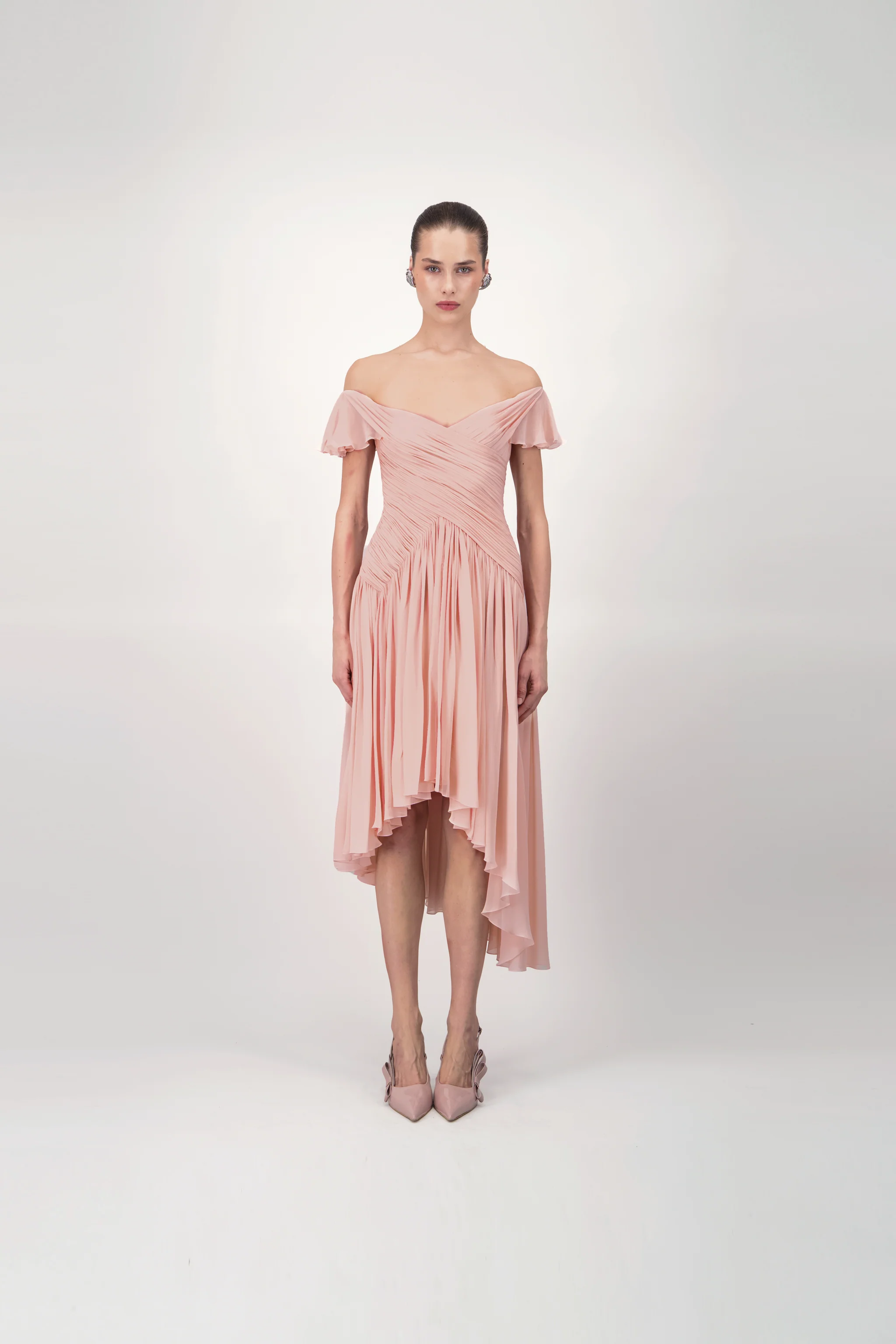 Off-Shoulder Draped Midi Dress