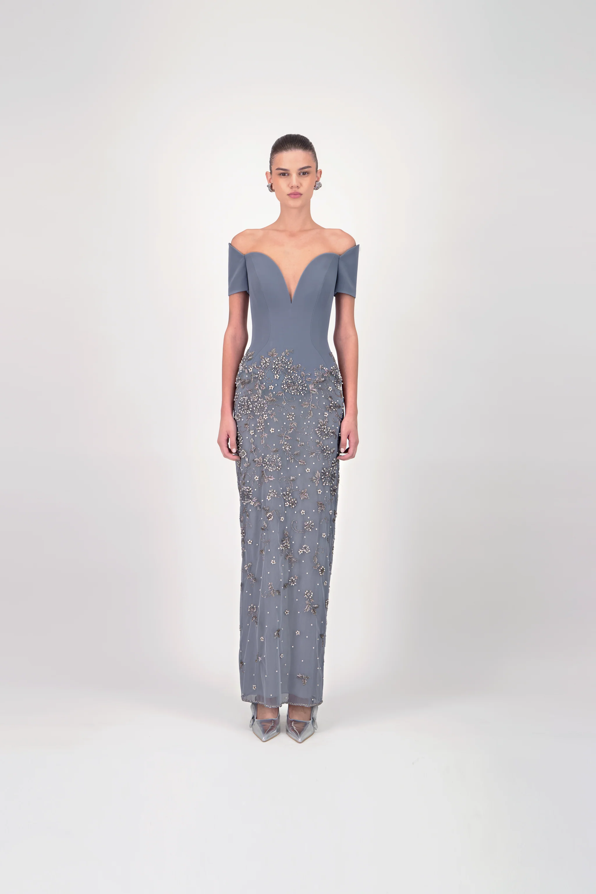 Off-Shoulder Embroidered Long Dress