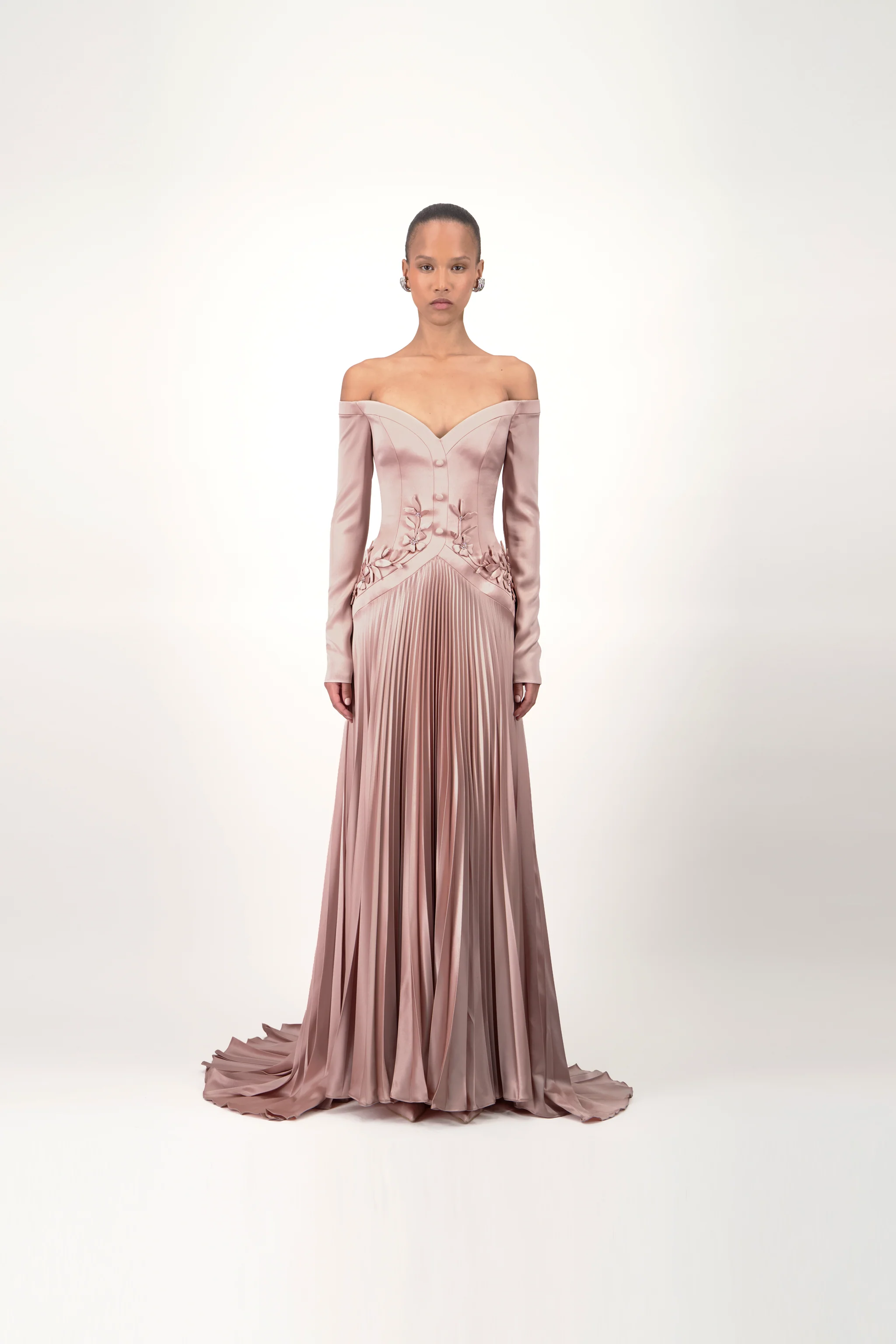 Off-Shoulder Pleated Midi Dress