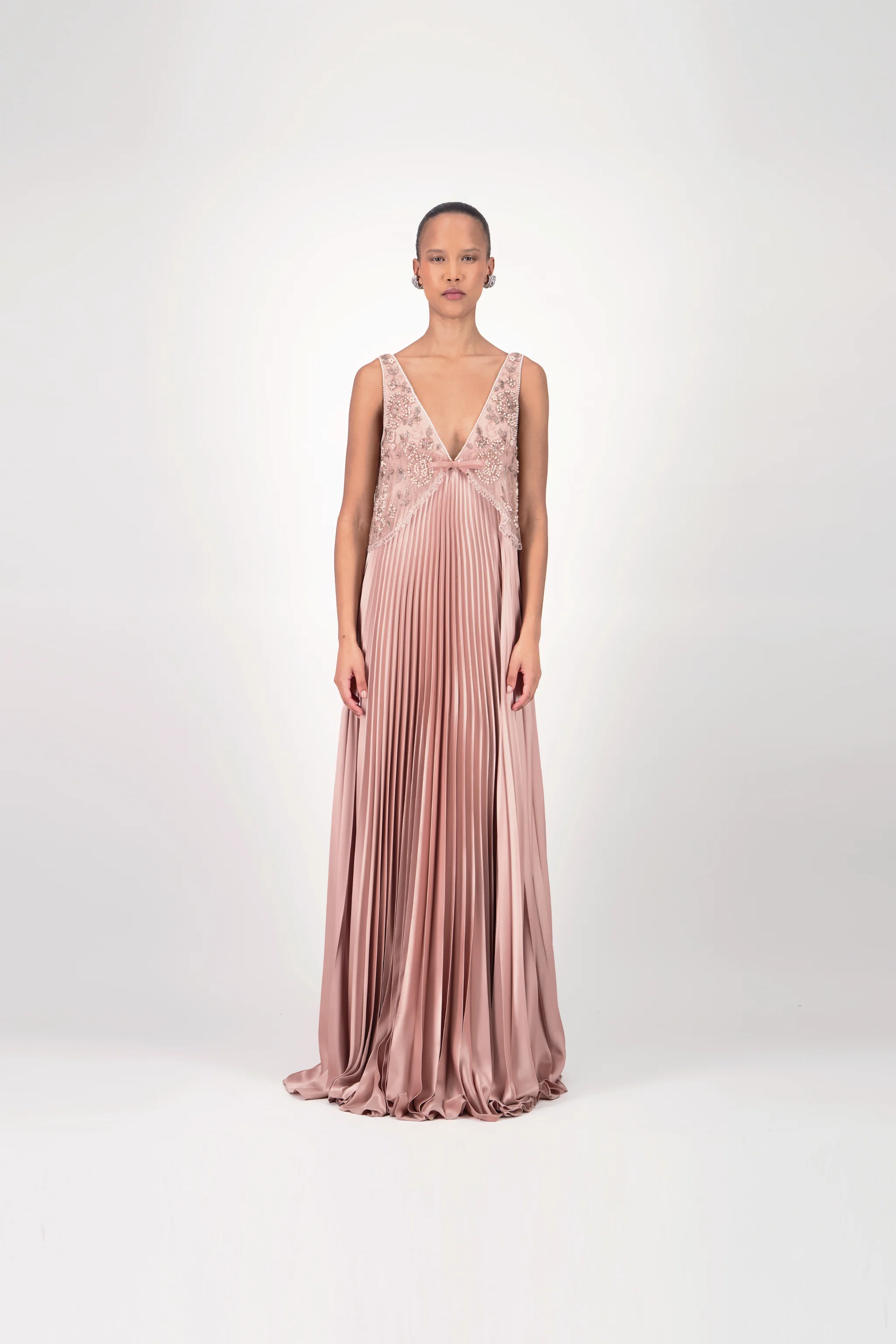 Pleated Embellished Long Dress