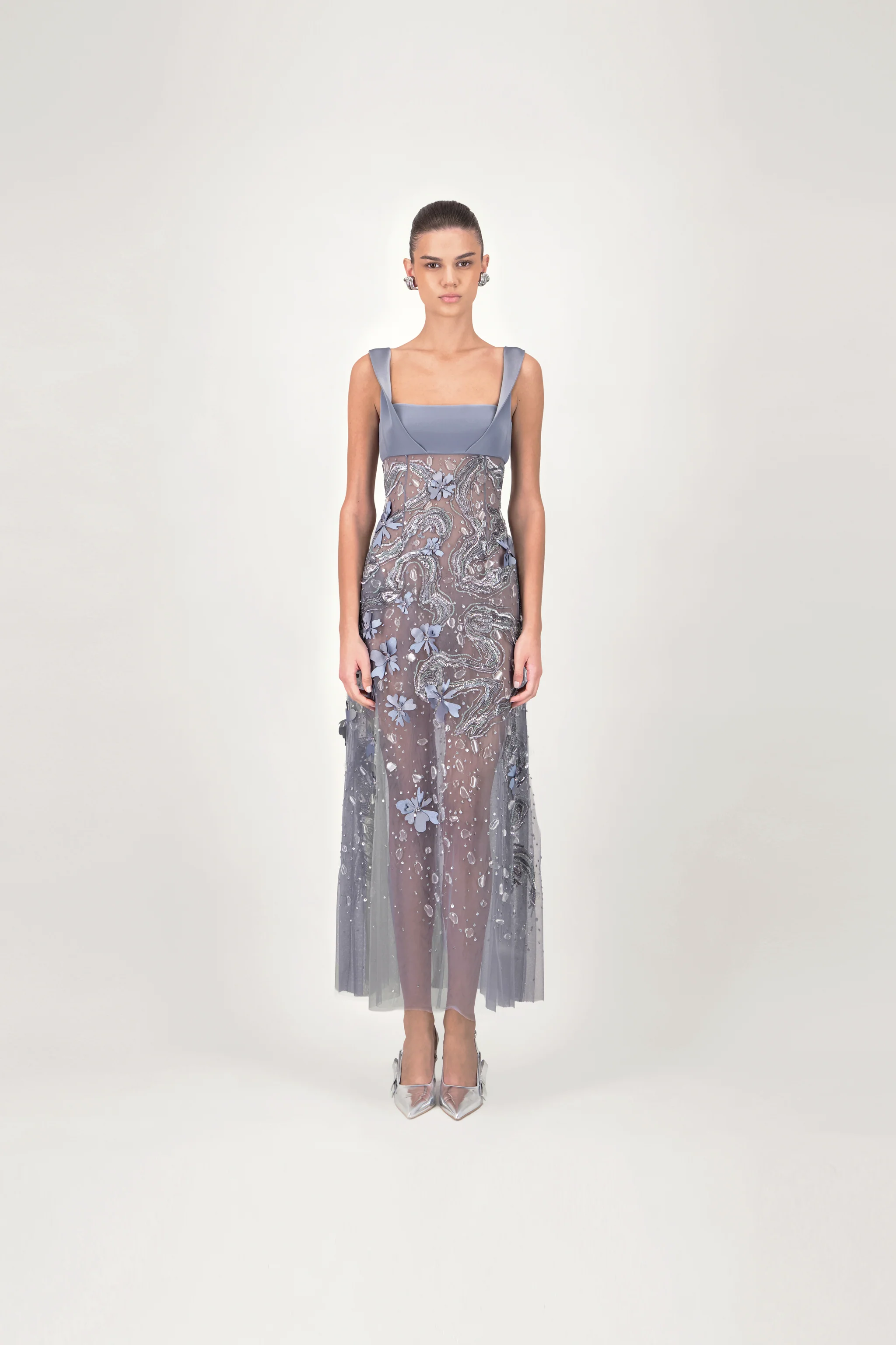 Square Neckline Embroidered Midi Dress