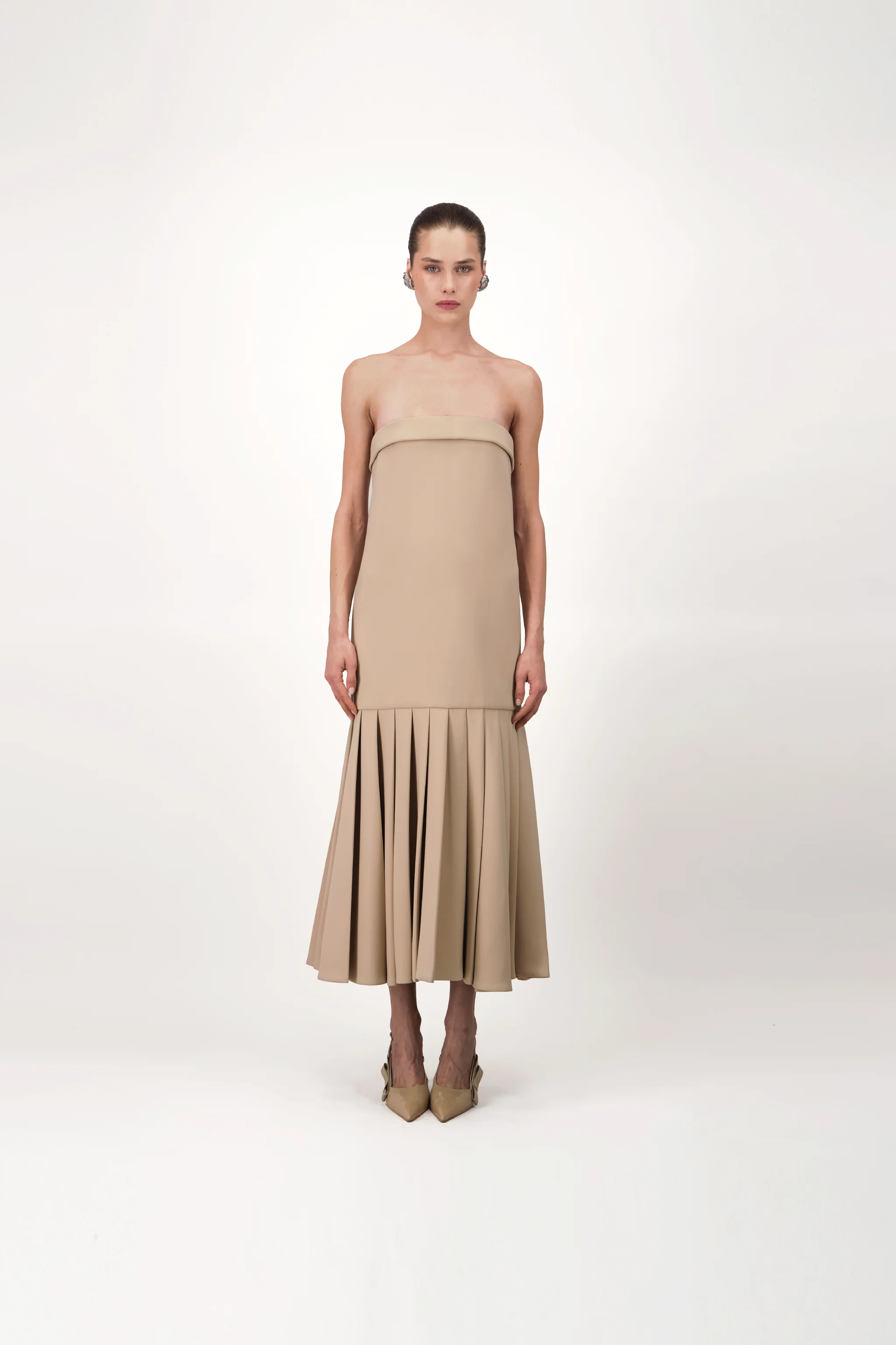 Strapless Pleated Midi Dress