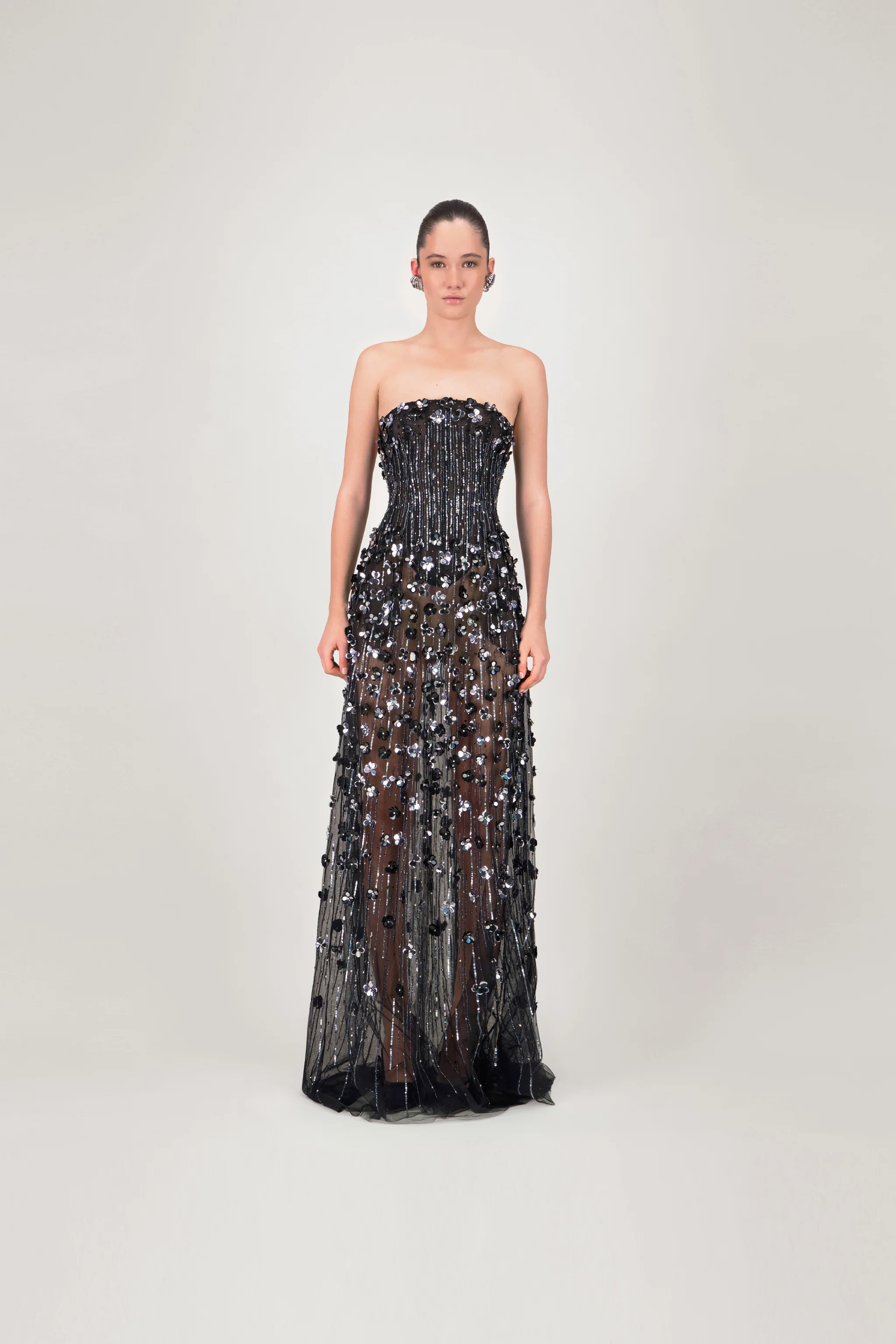 Strapless Embellished Sheer Long Dress
