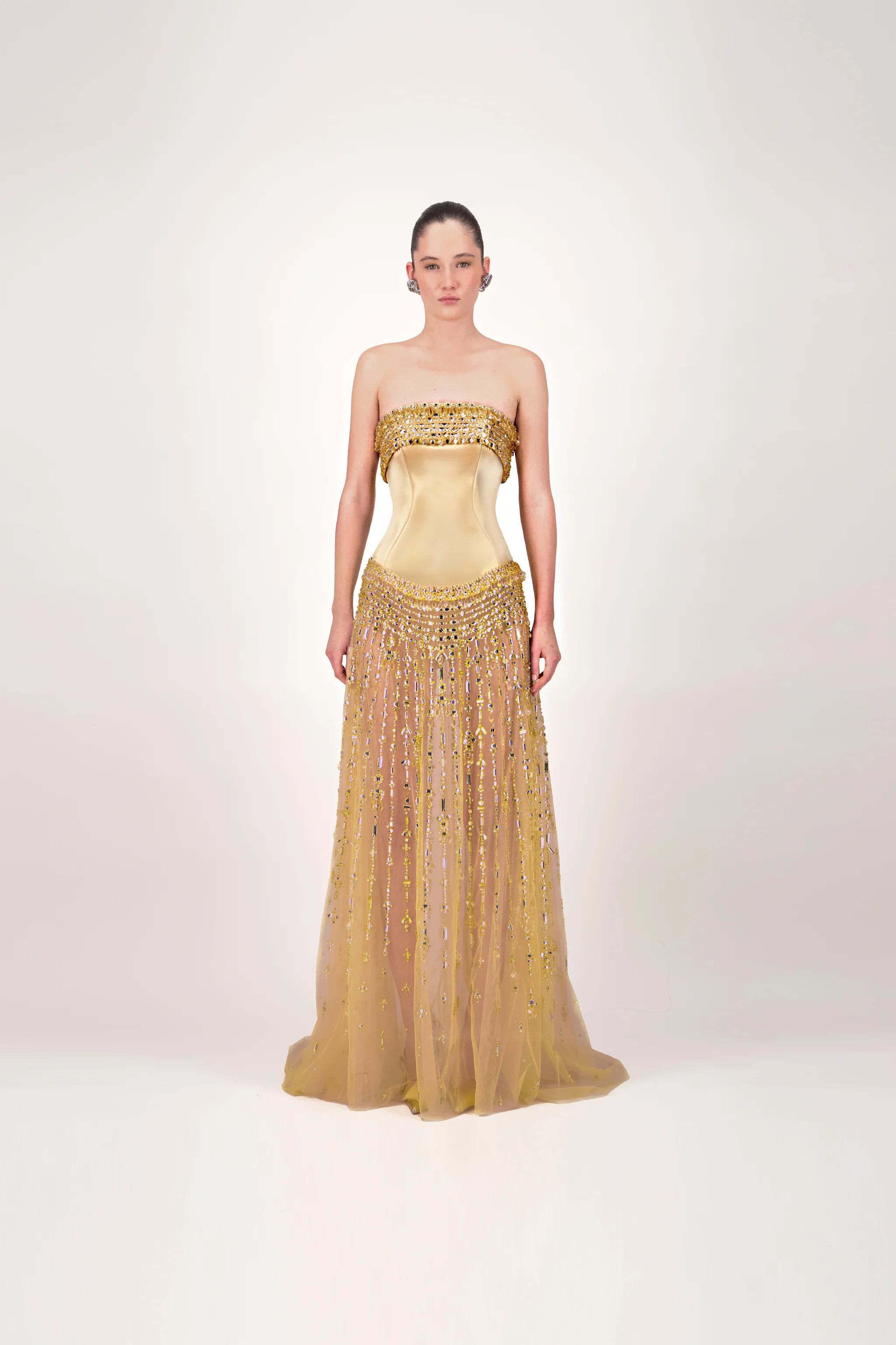 Strapless Embellished Tulle Long Dress