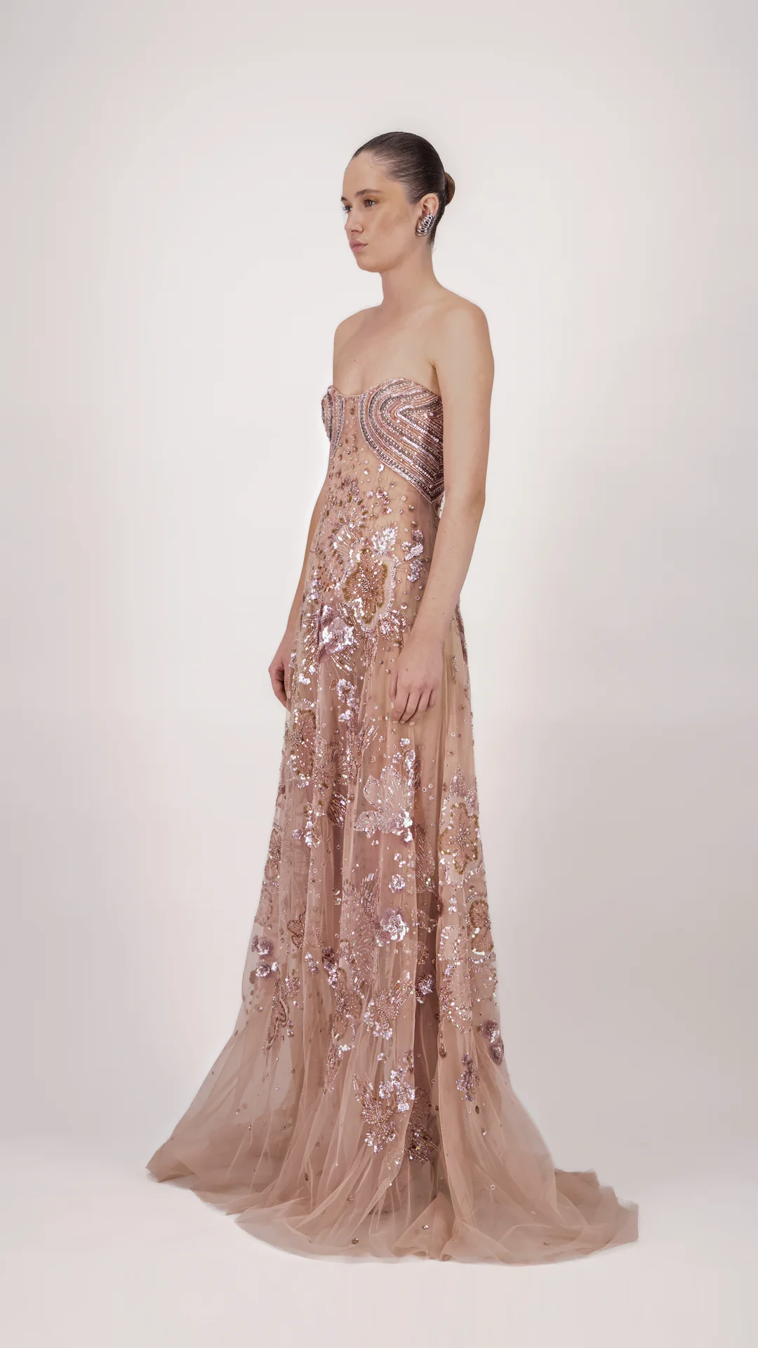 Strapless Embroidered Flared Long Dress - Image 3