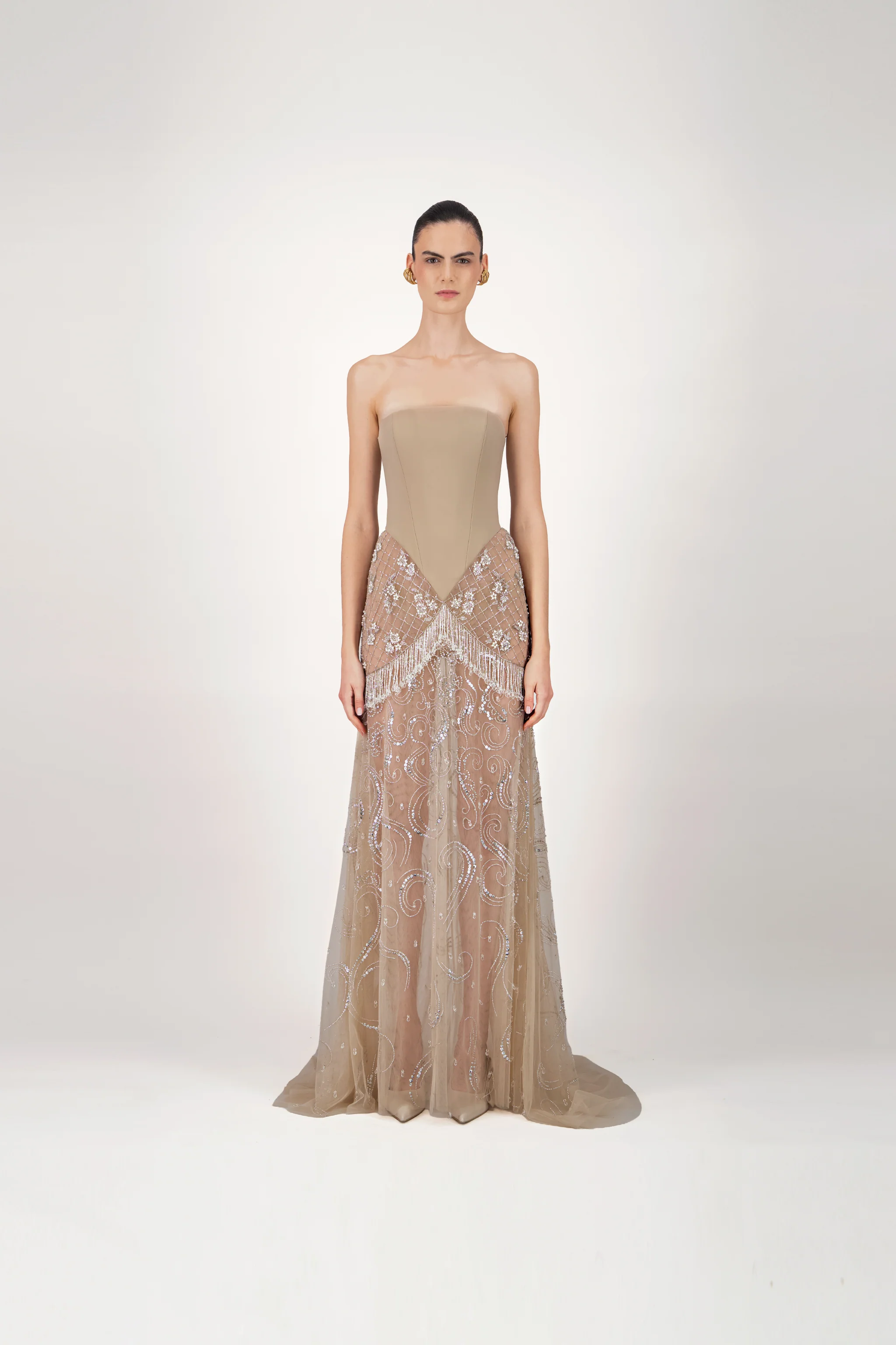 Strapless Embroidered Tulle Long Dress