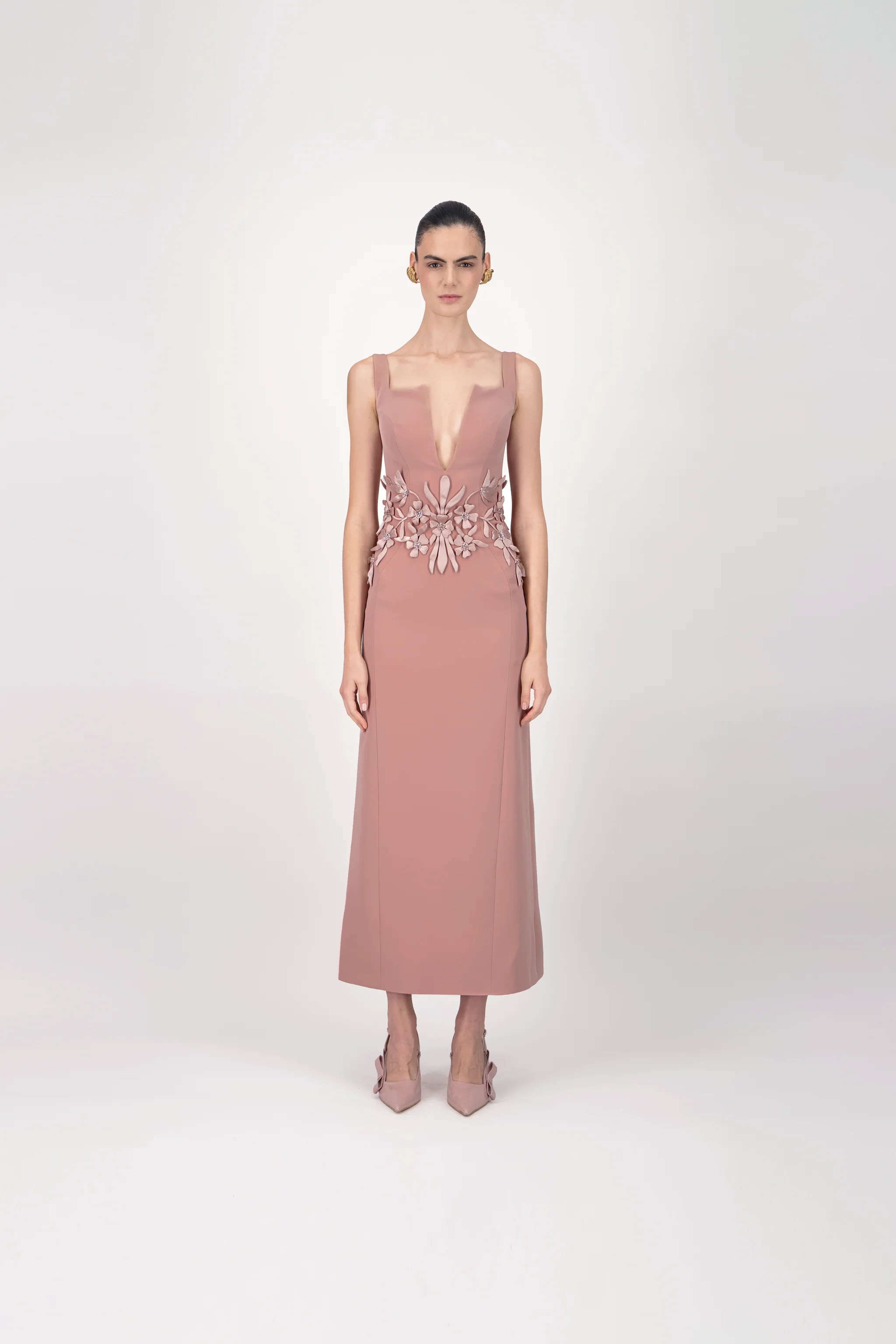 Structured V-Neck Midi Dress
